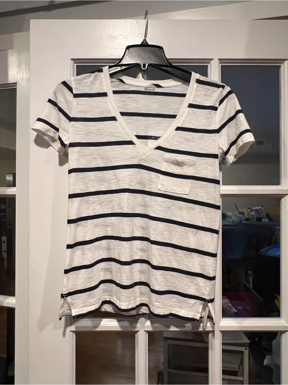 Madewell White V-Neck Short Sleeve Tee with Navy Stripes